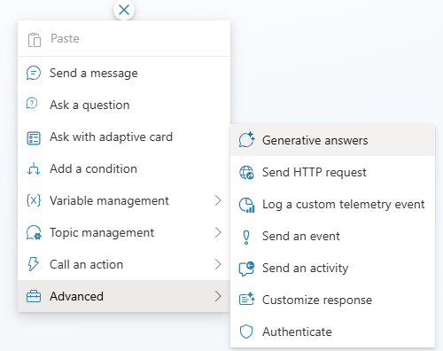 Screenshot che mostra la selezione di risposte generative dalle opzioni del menu avanzato.