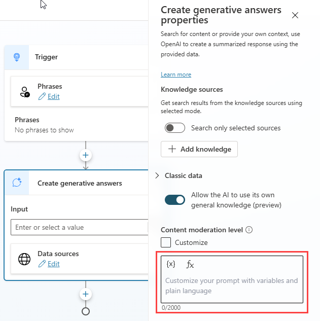 Screenshot che illustra il processo di selezione delle istruzioni personalizzate dalla finestra di dialogo Crea proprietà risposte generative.