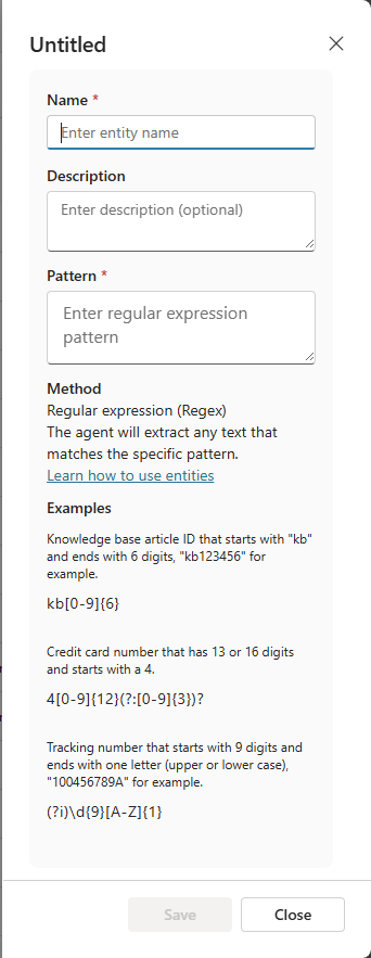 Screenshot del riquadro dell'entità regex.