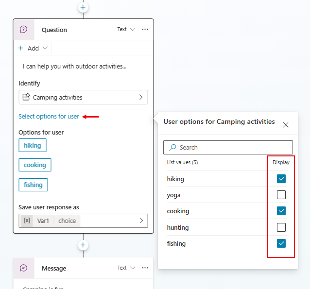 Screenshot che mostra una selezione di valori di entità da visualizzare come pulsanti in fase di esecuzione.