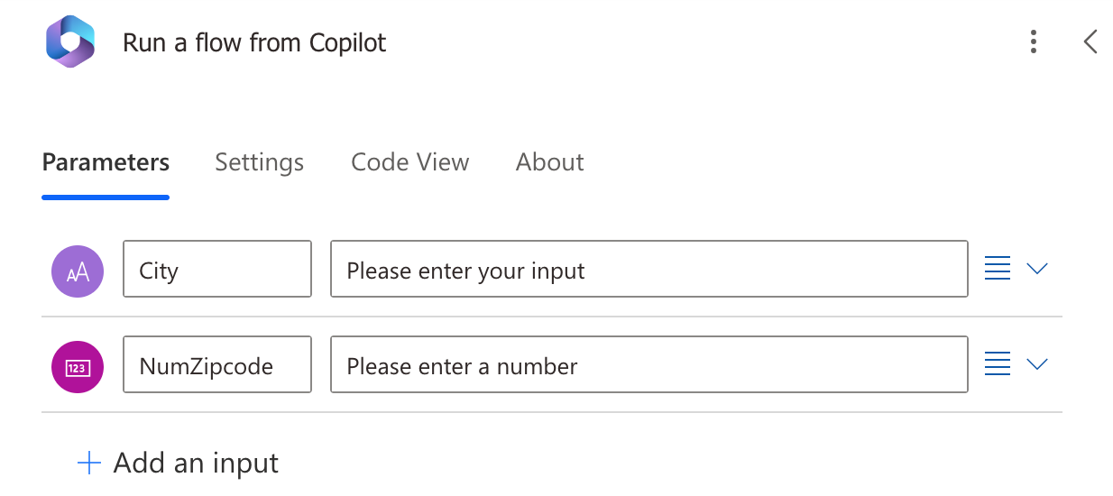 Screenshot dei parametri di input per il flusso Power Automate.