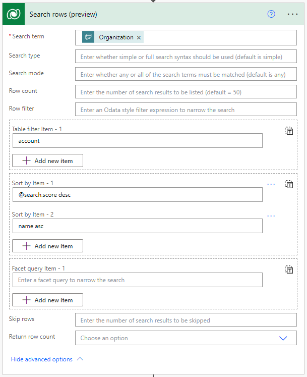 Screenshot delle azioni Cerca righe con le opzioni avanzate configurate.