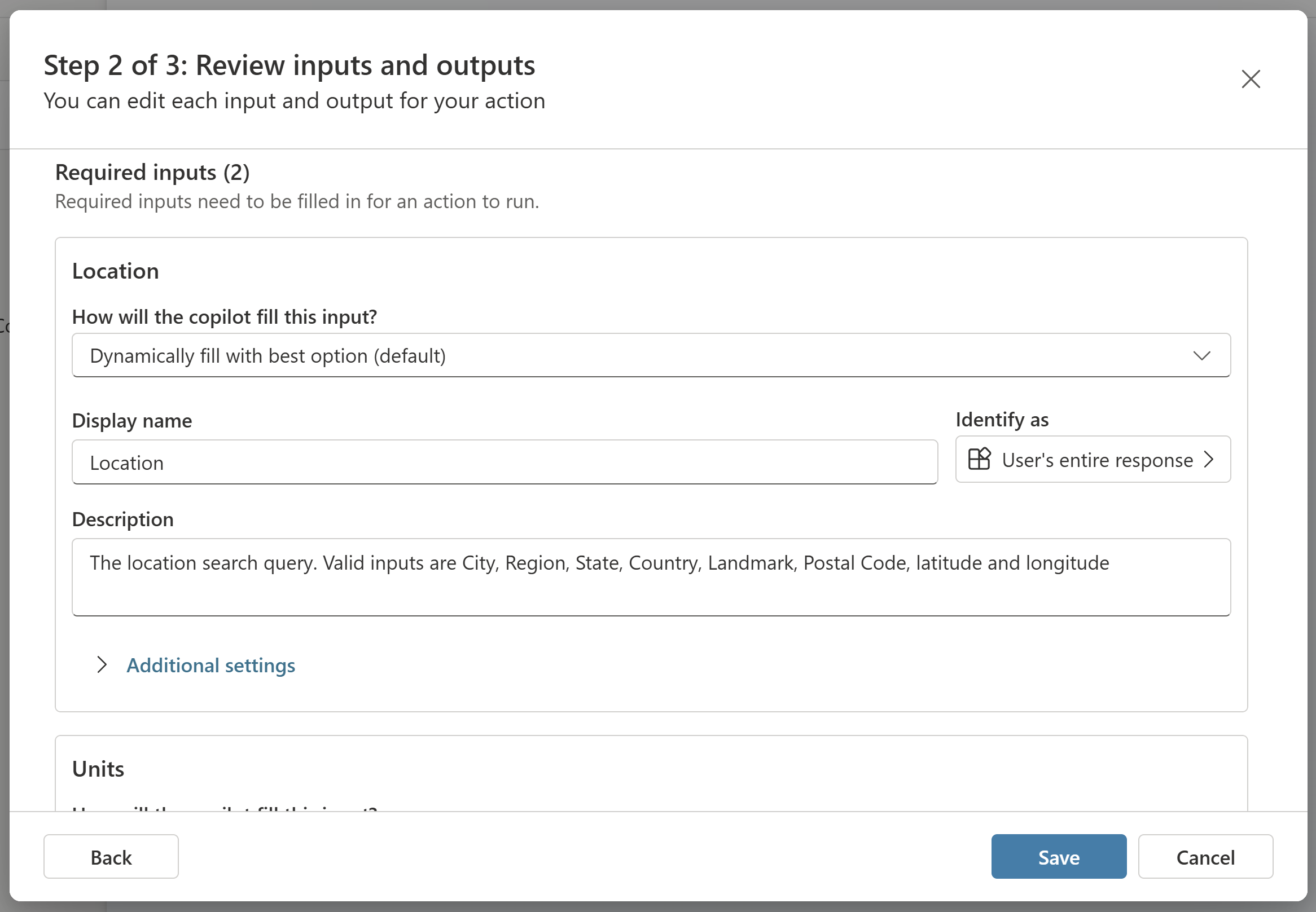 Screenshot della sezione di input per la configurazione dell'azione.