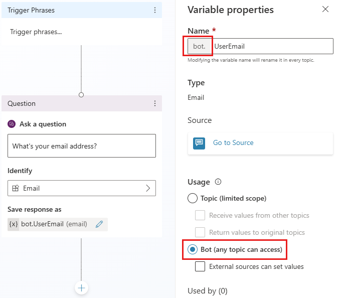 Screenshot che mostra il pannello Proprietà delle variabili, con la sezione Utilizzo evidenziata