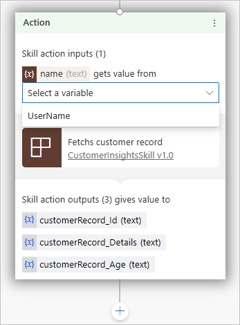 Screenshot di un nodo Azione con parametri di input e output per un'azione di competenza.