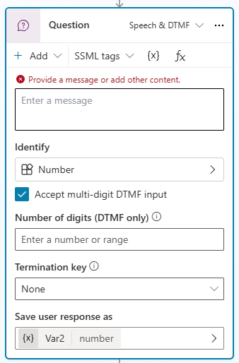 Screenshot dell'opzione del numero di cifre (solo DTMF) mostrata su un nodo domanda.