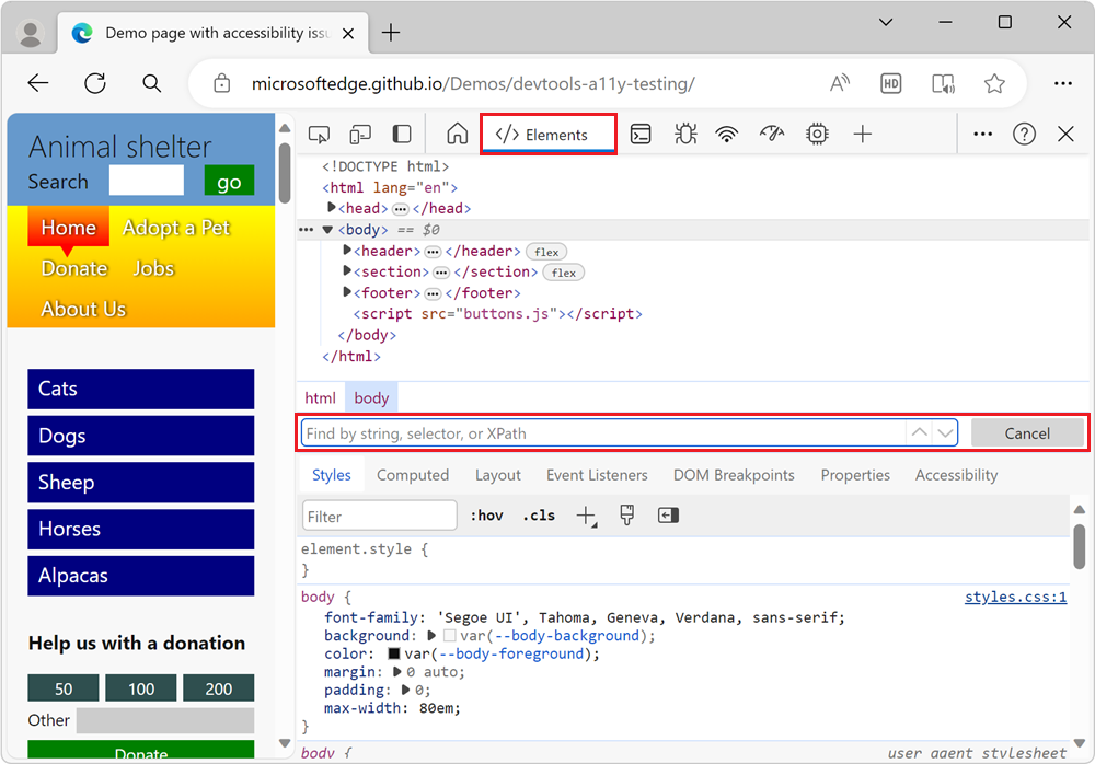 The Find text box for the DOM tree in the Elements tool