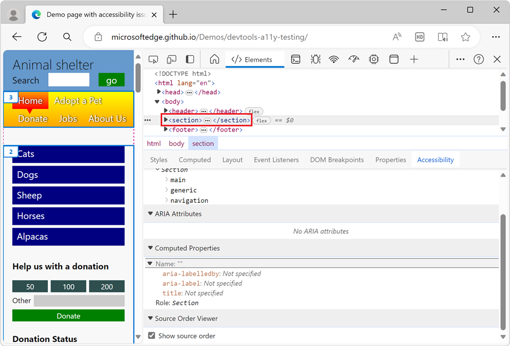 The Source Order Viewer overlay on the section element