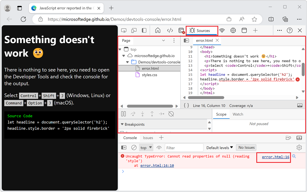 The Sources tool highlights the line of code that caused the error