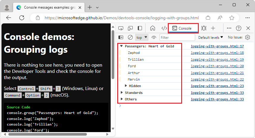 Log lots of values as groups