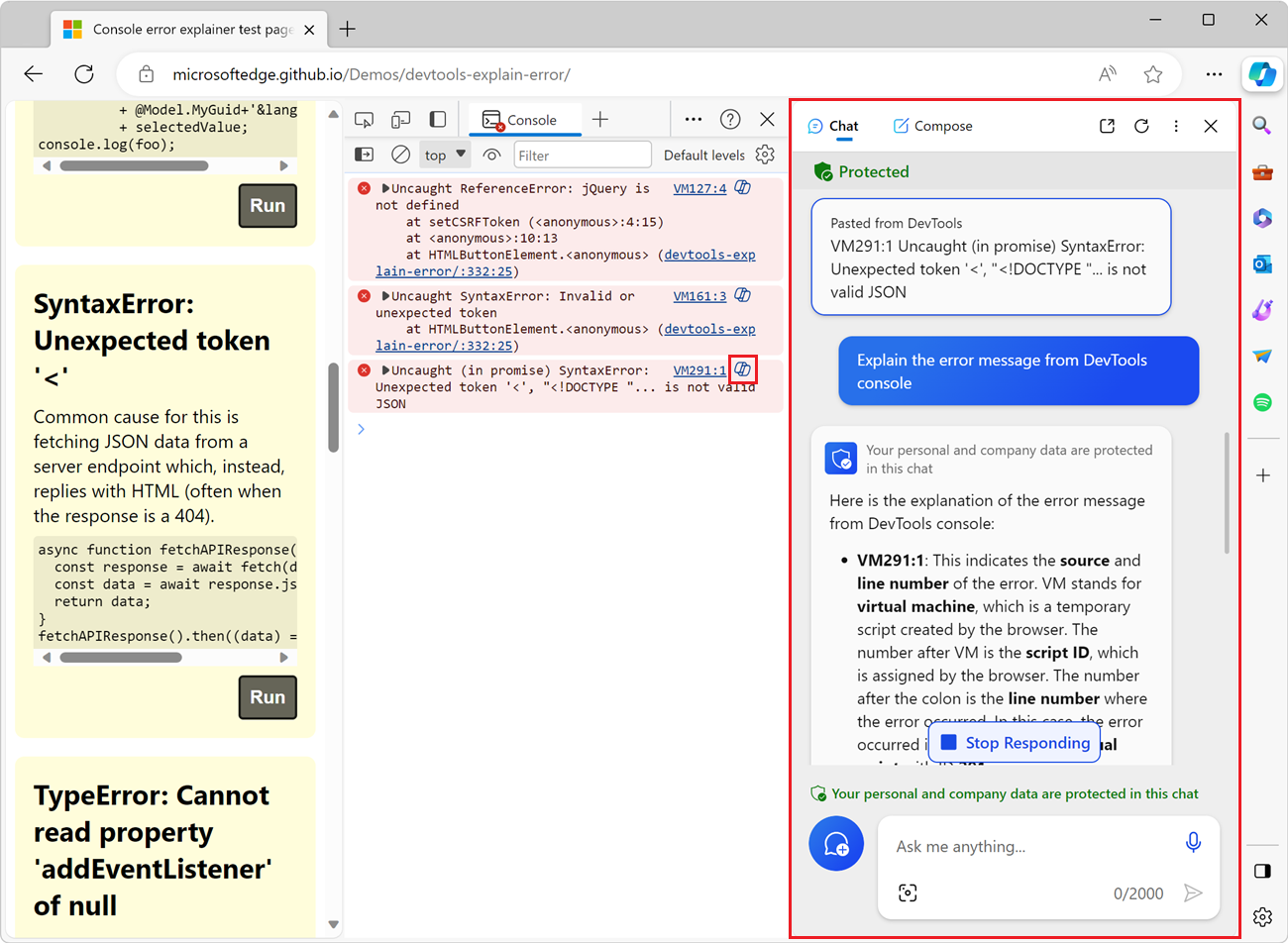 Copilot in the Microsoft Edge sidebar, showing the error message and the explanation