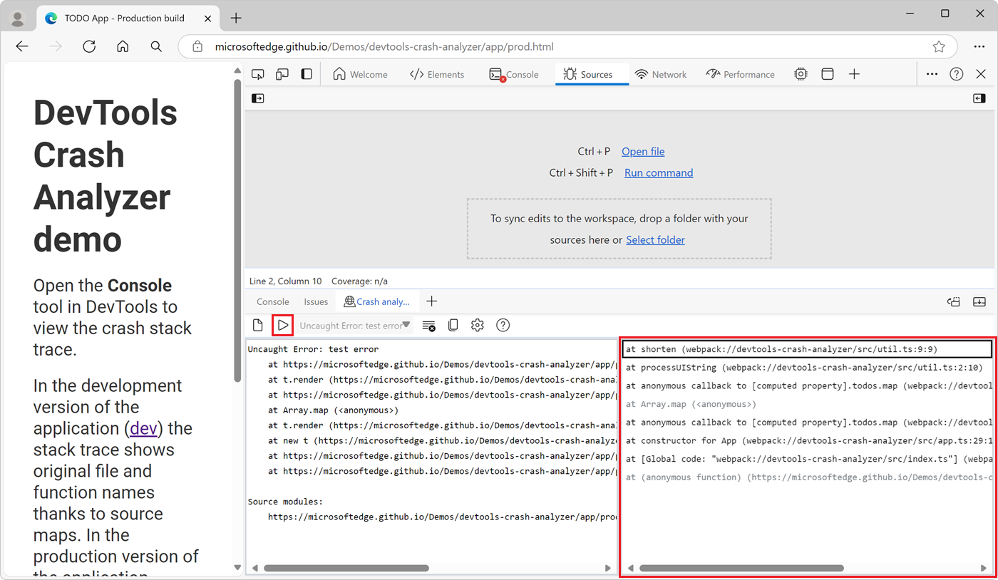 Using the Crash analyzer tool to debug a non-fatal JavaScript exception