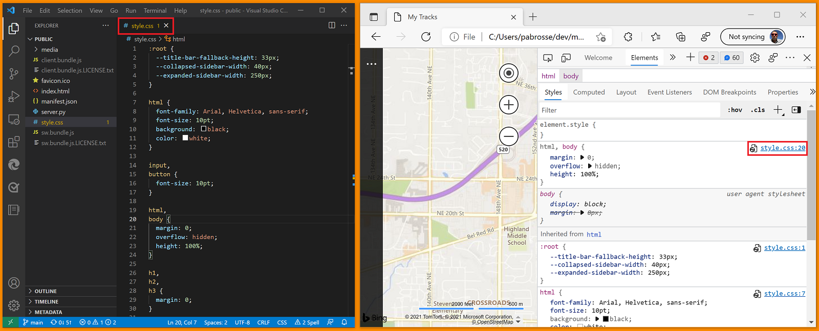 Selecting a file link in the Styles tool opens the file in Visual Studio Code