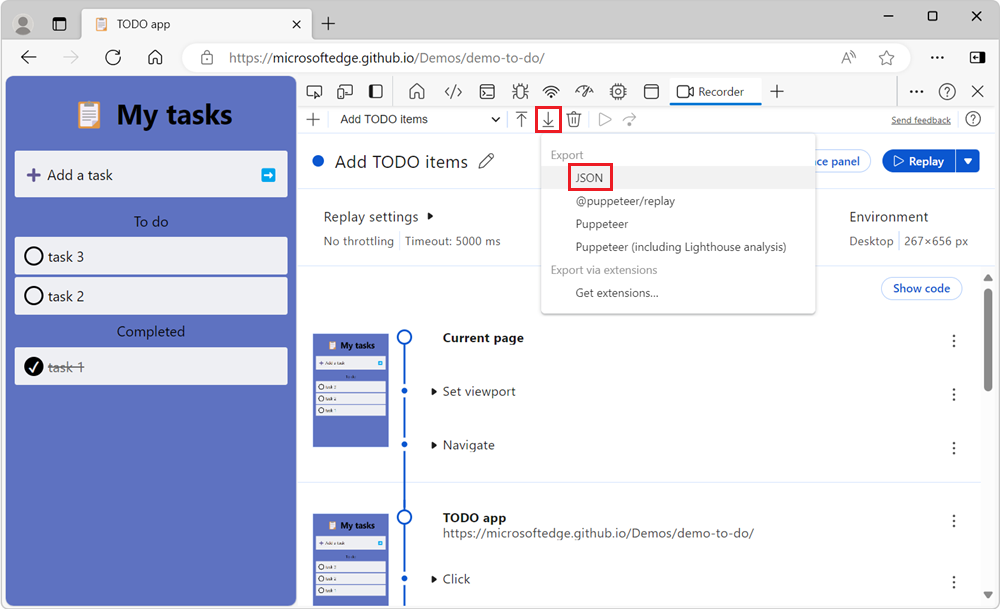 The Export button dropdown menu and the JSON option