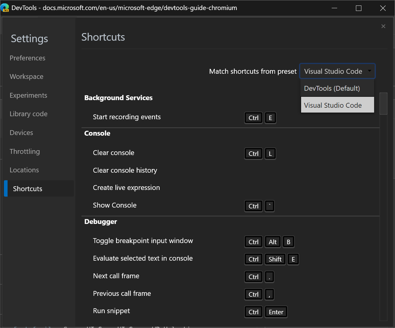 Match keyboard shortcuts in the DevTools to Visual Studio Code