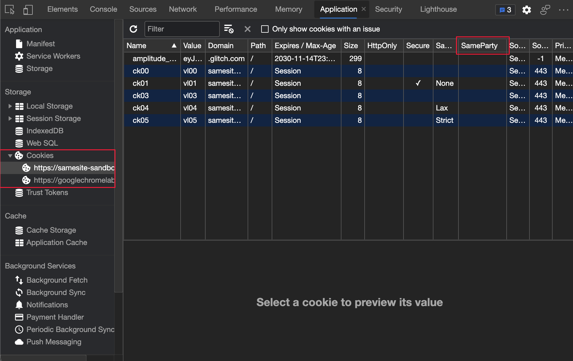 SameParty column in the Cookies pane