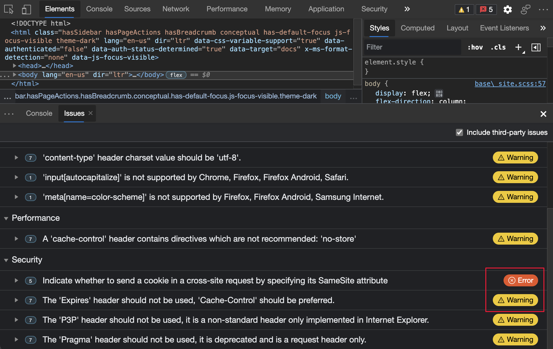 The Issues tool displays issues sorted by severity