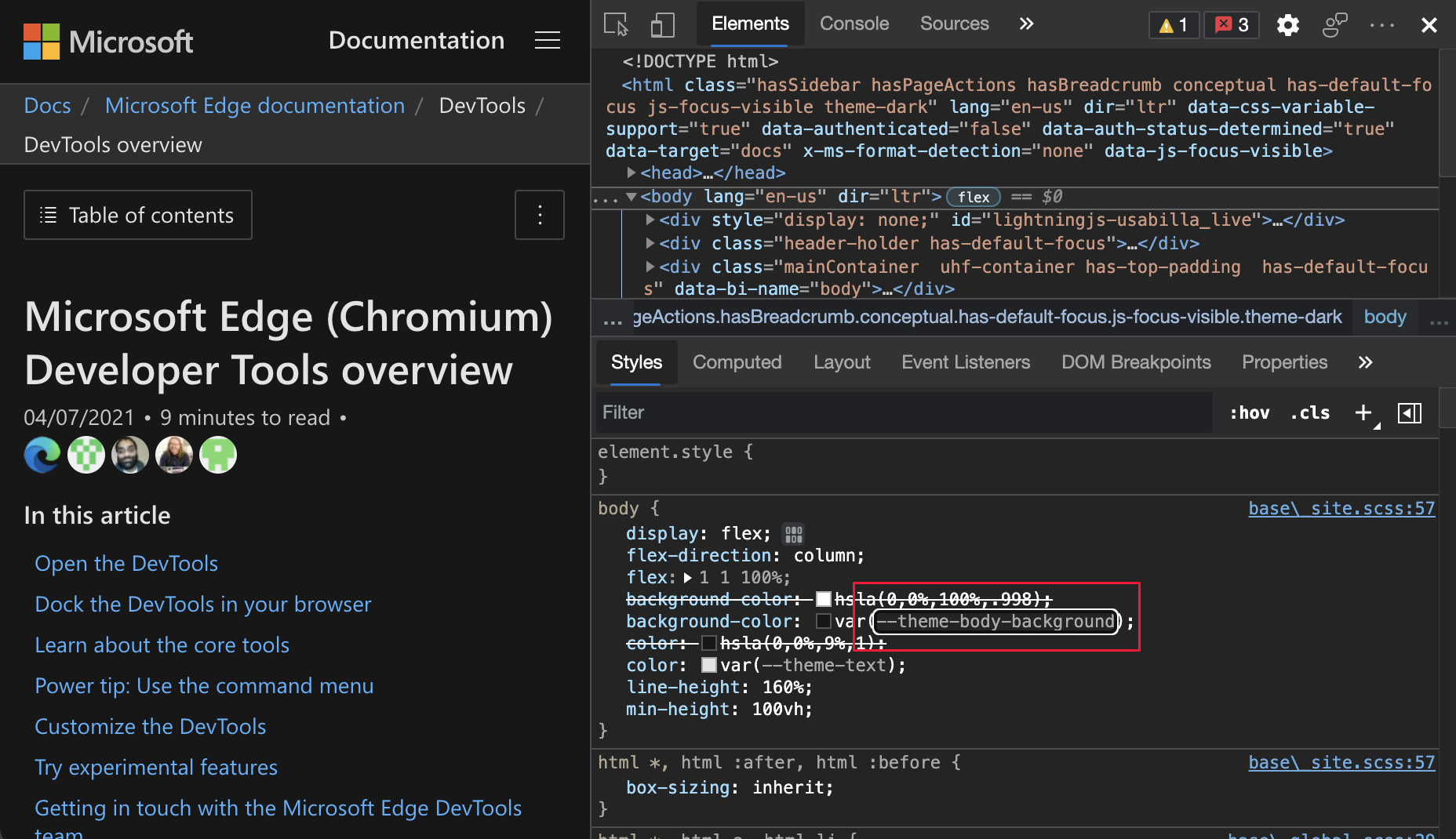 The '--theme-body-background' CSS variable highlighted in the Styles pane