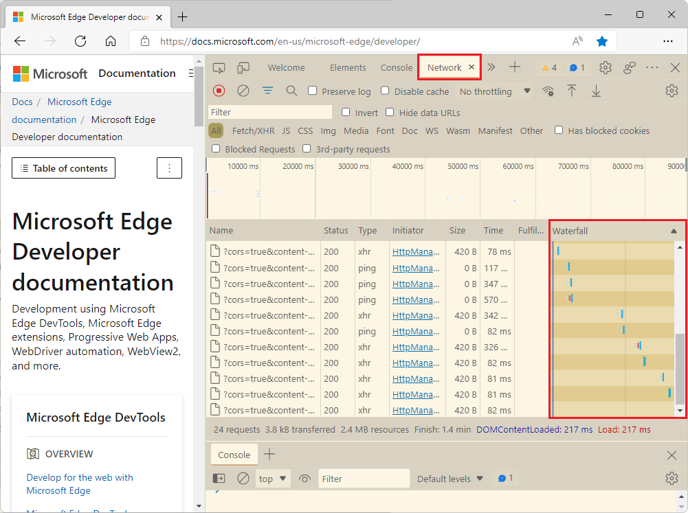 The selected theme is now applied to the Waterfall view of requests in the Network tool