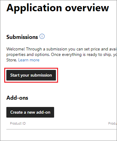 Start a new app submission on Microsoft Partner Center