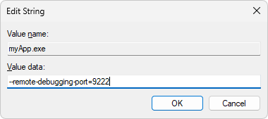 The "Edit String" dialog, to set the registry key