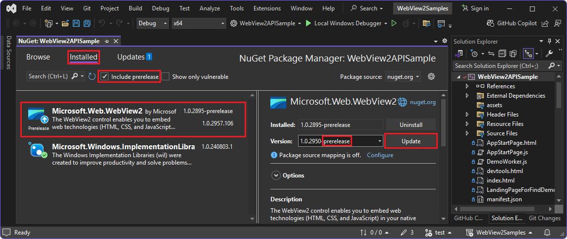 NuGet Package Manager with WebView2 SDK prerelease selected