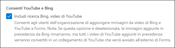 Impostazione amministratore di Microsoft Forms per YouTube e Bing