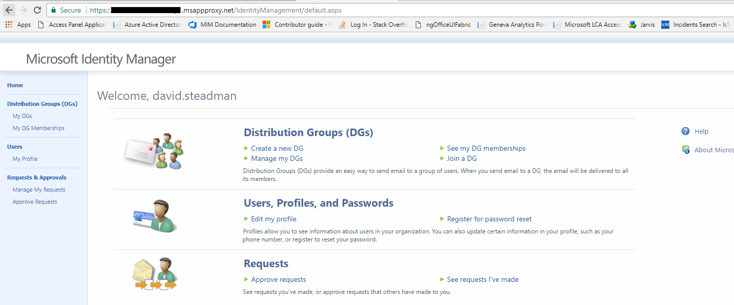 Screenshot che mostra la home page Microsoft Identity Manager.