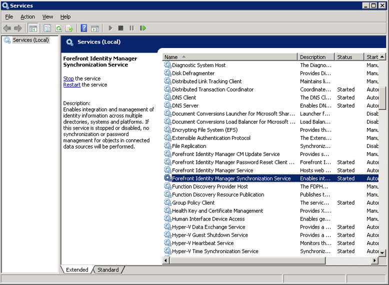 Screenshot della console dei servizi che mostra il servizio di sincronizzazione forefront Identity Manager.