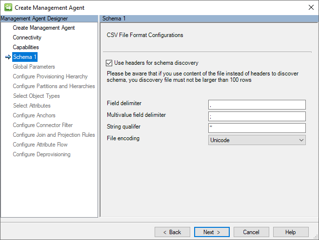 Screenshot dello schema 1 (configurazioni di formato file CSV)