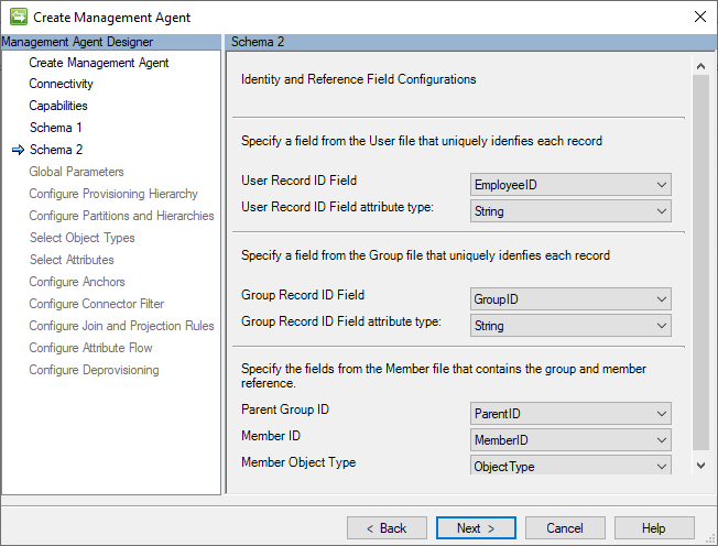 Screenshot dello schema 2 (configurazioni dei campi identity e reference)