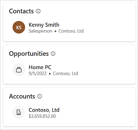 Screenshot che mostra la visualizzazione mini dei record CRM in Copilot per le vendite.