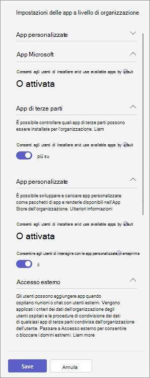 Screenshot che mostra le impostazioni delle app a livello di organizzazione in un'organizzazione che usa la funzionalità di gestione basata sulle app.