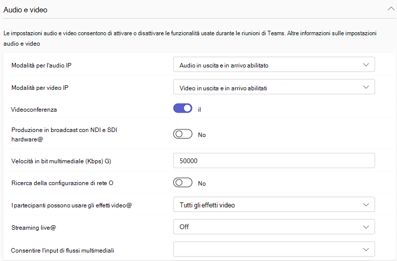 Screenshot dei criteri audio e video delle riunioni di Teams nell'interfaccia di amministrazione di Teams.