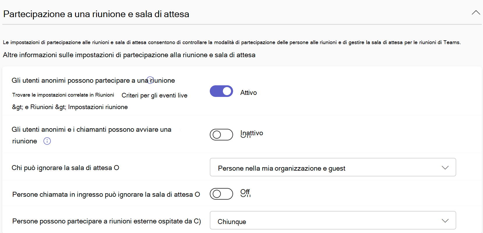 Screenshot della riunione di Teams che partecipa & criteri di sala di attesa nell'interfaccia di amministrazione di Teams.