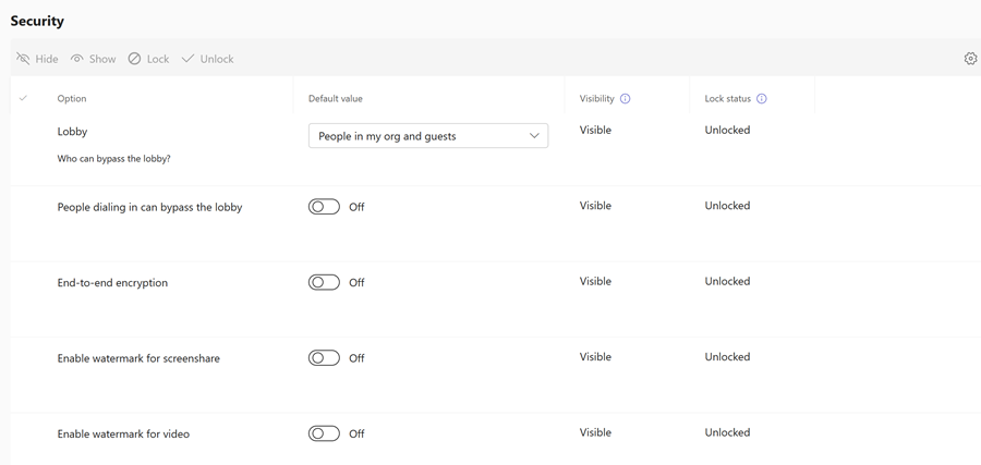 Screenshot dei criteri di sicurezza di Teams per i modelli di riunione nell'interfaccia di amministrazione di Teams.