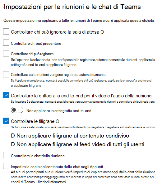 Screenshot delle impostazioni dell'etichetta di riservatezza della riunione che mostra la configurazione in questa procedura.