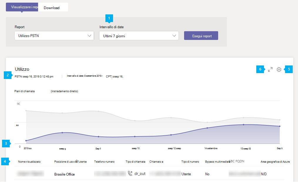 Screenshot del report di utilizzo PSTN routing diretto nell'interfaccia