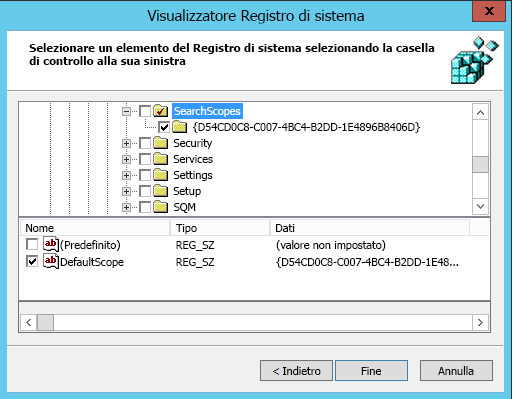 Browser del Registro di sistema con l'opzione DefaultScope selezionata.