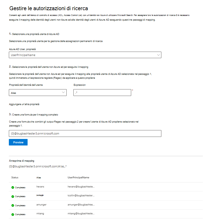 Snapshot di esempio di come compilare la pagina di mapping non Azure AD.