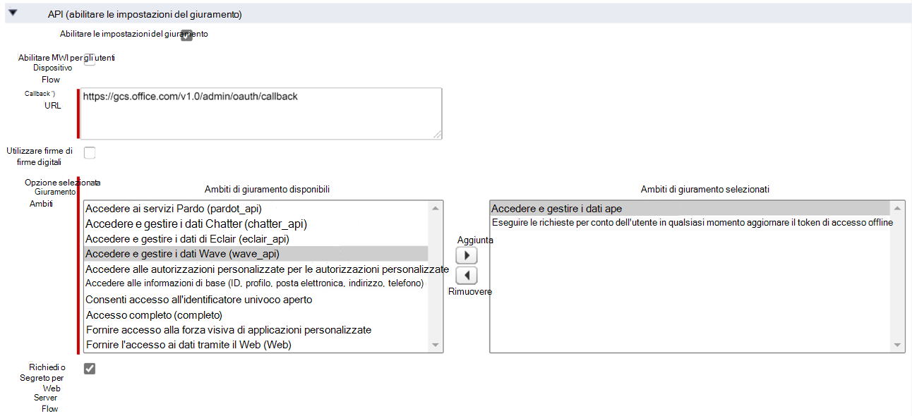 Sezione API nell'istanza di Salesforce dopo che l'amministratore ha immesso tutte le configurazioni necessarie elencate in precedenza.