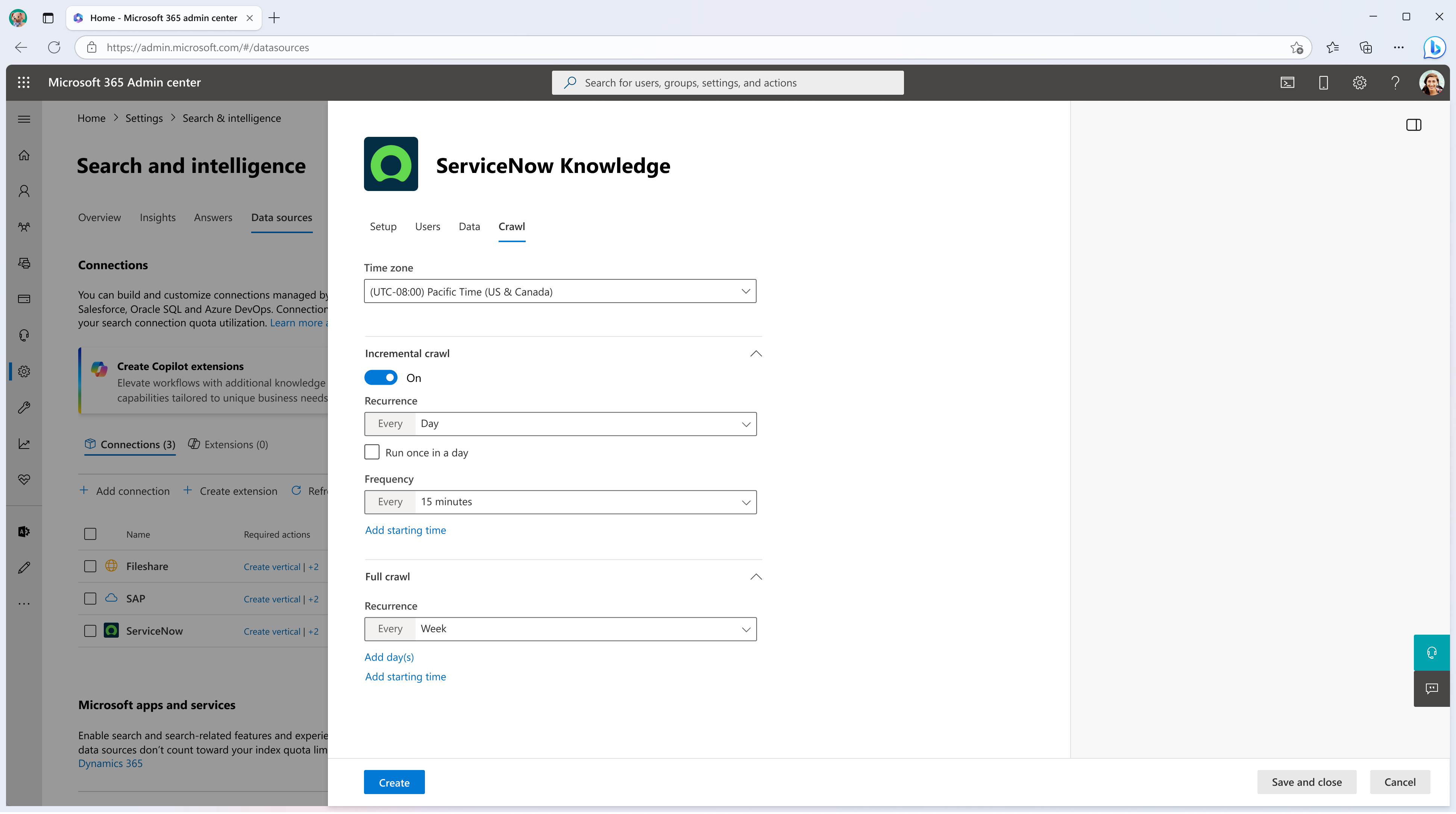 Screenshot che mostra la scheda Sincronizzazione in cui è possibile configurare la frequenza di ricerca per indicizzazione