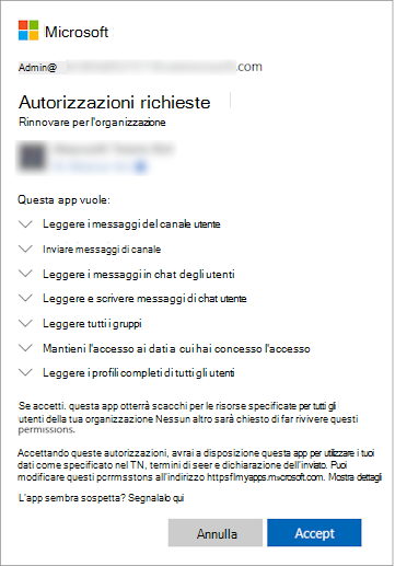 Screenshot delle autorizzazioni richieste da un'app.