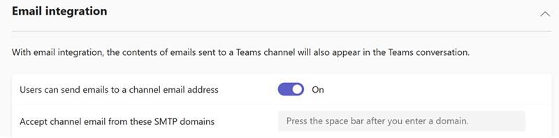 Screenshot delle impostazioni di integrazione della posta elettronica di Teams nell'interfaccia di amministrazione di Teams.