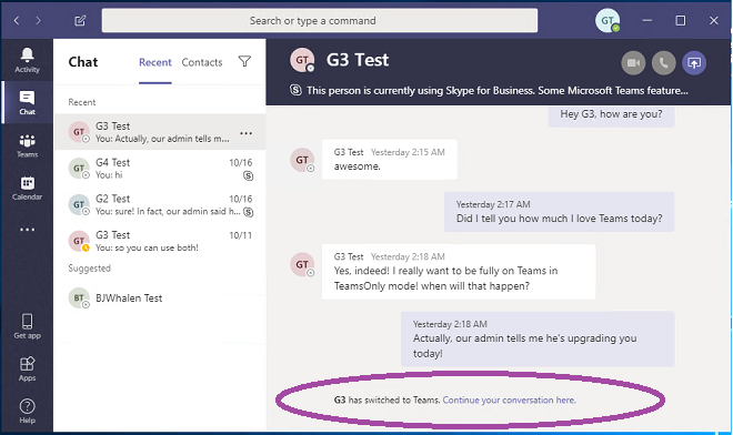 Diagramma che mostra una chat con un utente aggiornato Skype for Business.