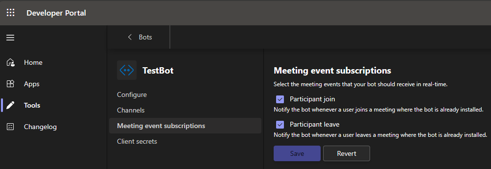 Screenshot shows how developer portal display for participant events.