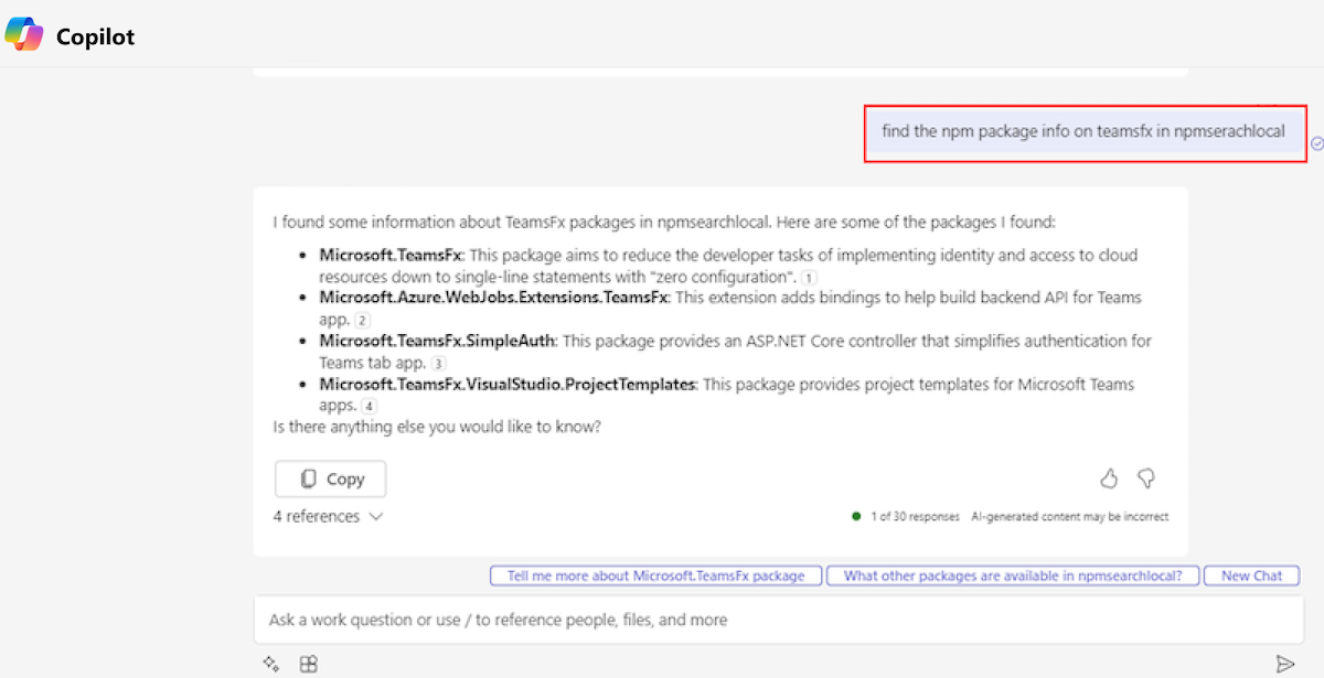 Screenshot shows the agent prompt and the Adaptive Card response with content and preview card from Microsoft 365 Copilot. The response contains a list of four products with Contoso product name. 