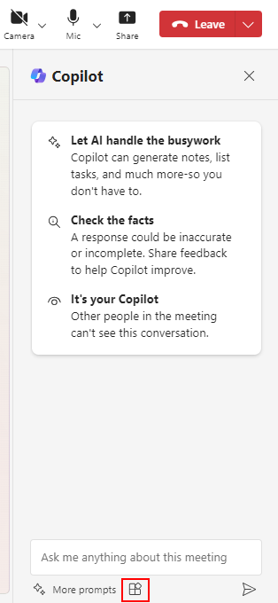 Screenshot shows the plugin icon in the Copilot for Teams pane in a Teams meeting.