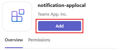 Screenshot of the app details dialog to install the notification bot app in Teams.