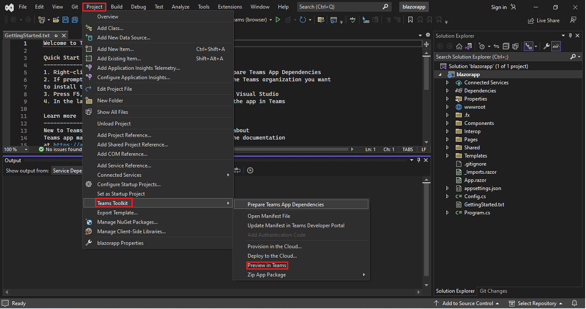 Screenshot shows Visual Studio with Project, Teams Toolkit, and Preview in Teams options.